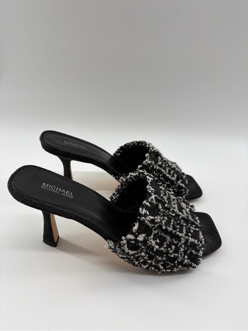 MICHAEL Michael Kors Black & White Frayed Tweed Slide Mules size 8.5 Heels